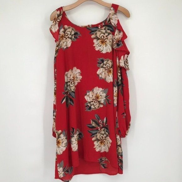 Umgee + Floral Shift Dress Women’s Cold Shoulder red floral long sleeve size XL - Picture 3 of 7